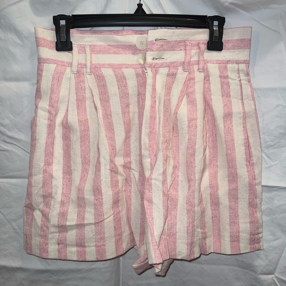 Pink and cream striped linen blend shorts